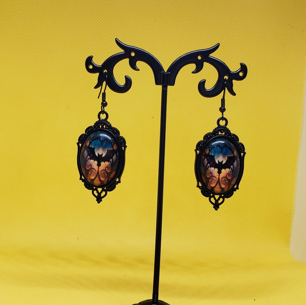 Halloween One pair of Gothic Bat Earrings with Flaming orange and Blue Sky